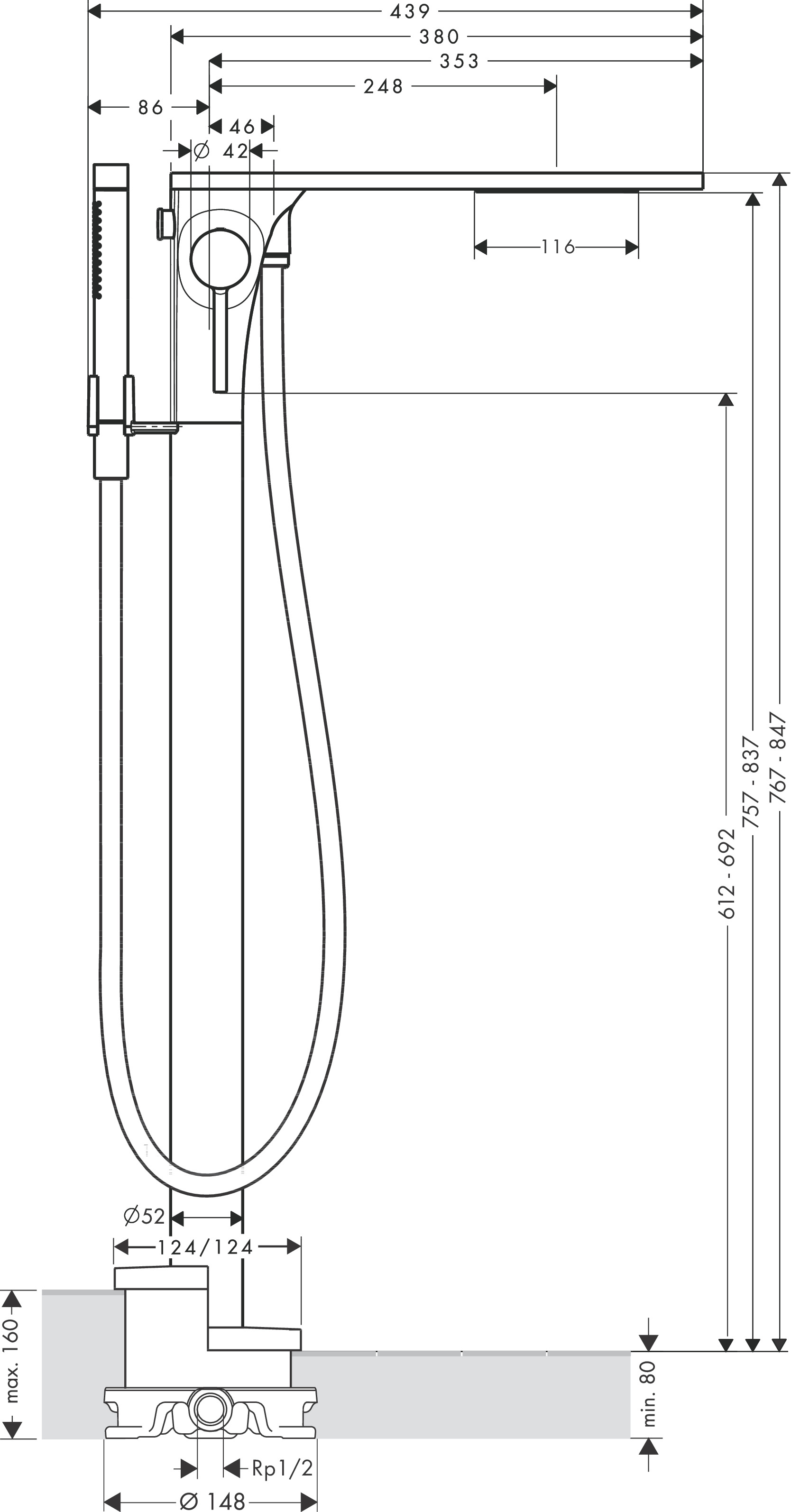 Hansgrohe Wannenmischer Axor Massaud Fertigset BBC zur Bodenmontage