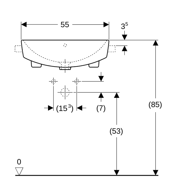 Geberit VariForm Halbeinbauwaschtisch, quadr. 55x45cm, m. Hl, m. Ül., weiß, KeraTect