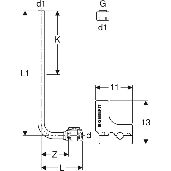 Geberit FlowFit Metallrohr-Anschlussbogen 90Gr SiBr/Cu d16-d15 L100