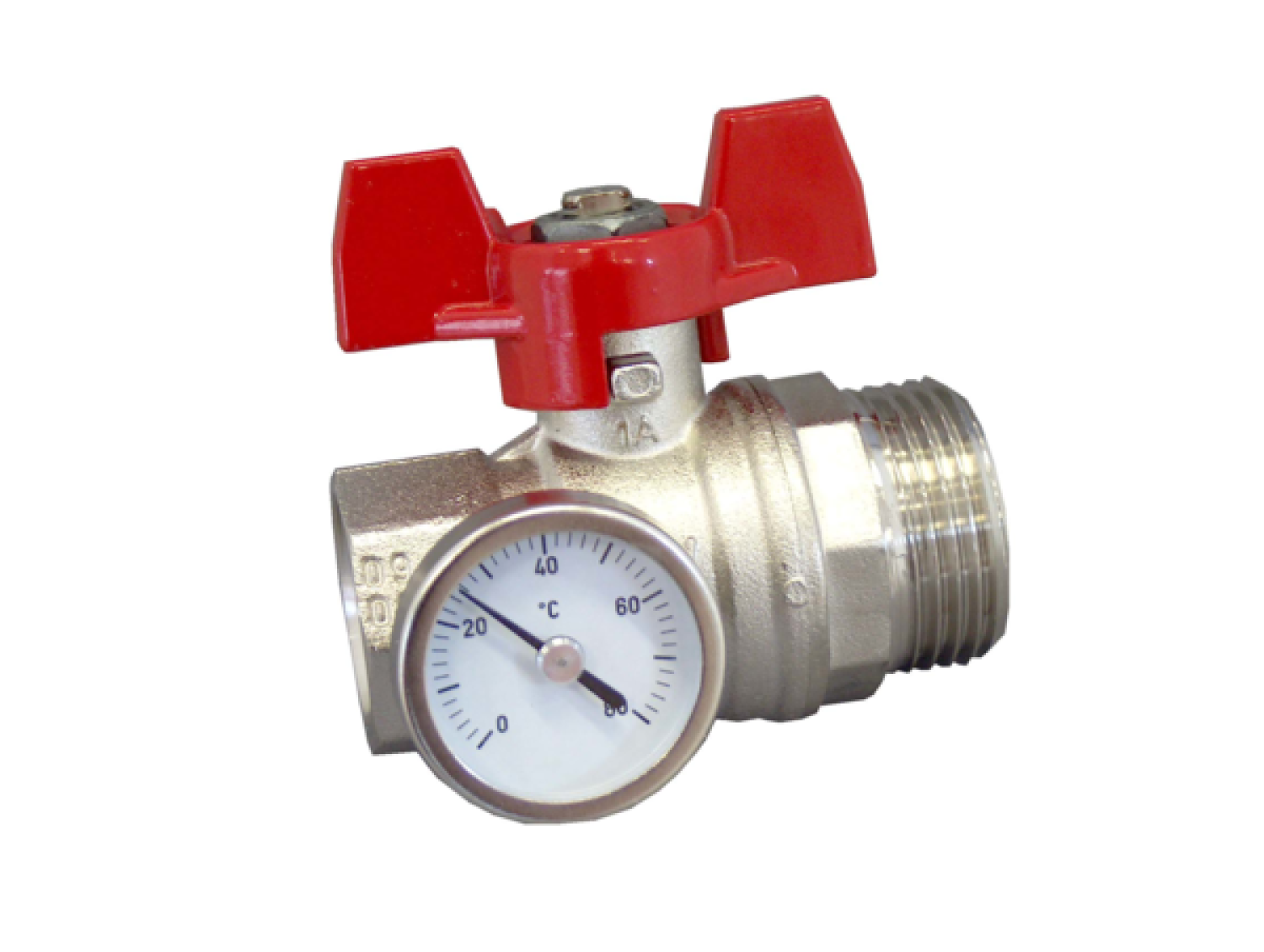 OVENTROP-Kugelhahn, roter Griff m.Thermometer, 3/4"IG x 1"AG,flachdicht.