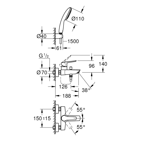 GROHE EH-Wannenbatt. Eurosmart 25276_3 Wandmontage mit Wandhalterset chrom