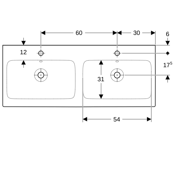 Geberit iCon Doppelwaschtisch, 120x48,5cm m. Hl., m. Ül., weiß, KeraTect