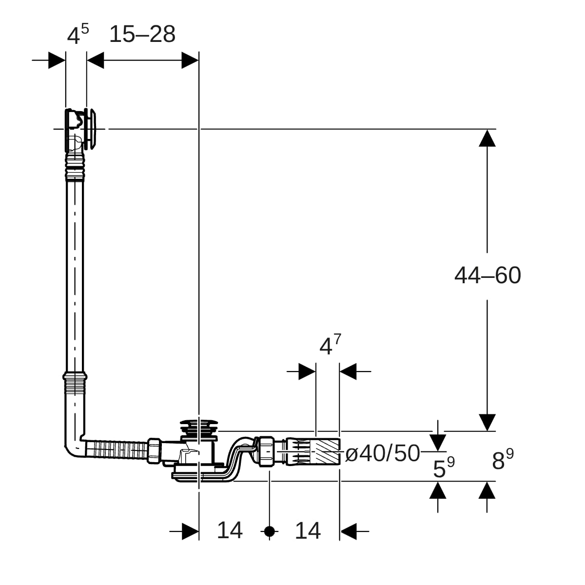 Geberit BW-Ablauf, mit PushControl d52 L:60cm, mit Fertigbauset, DN40/50, chrg