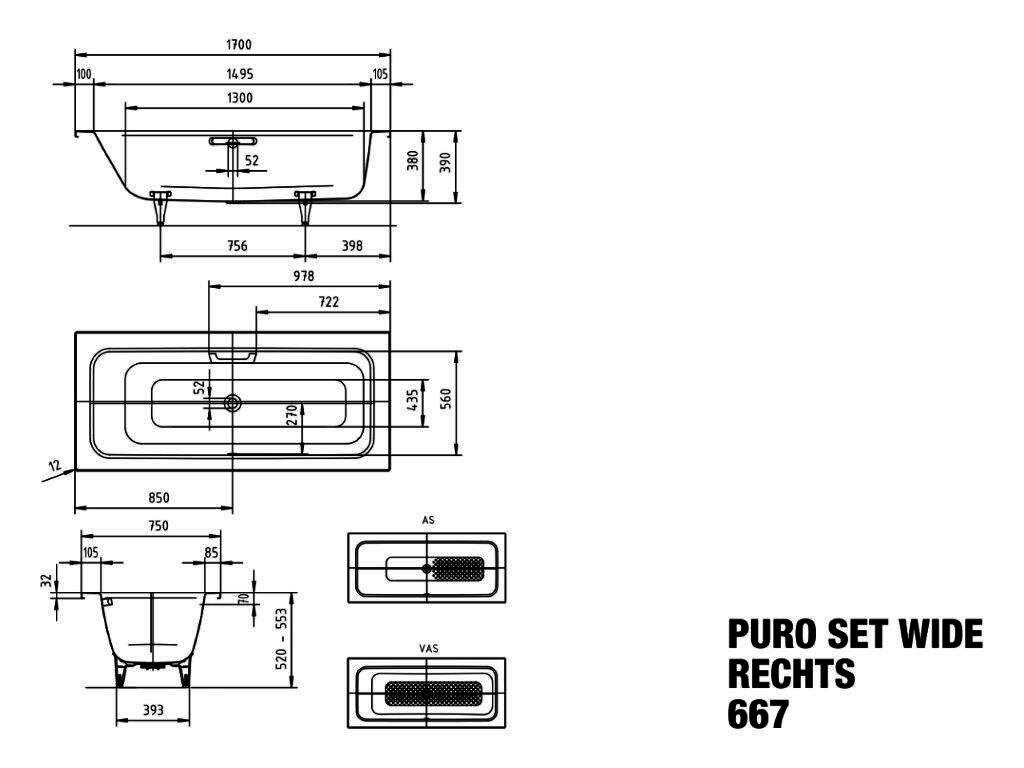 KA BW PURO SET WIDE RECHTS Mod.667,1700x 750mm,alpinweiß,mit Vollantislip
