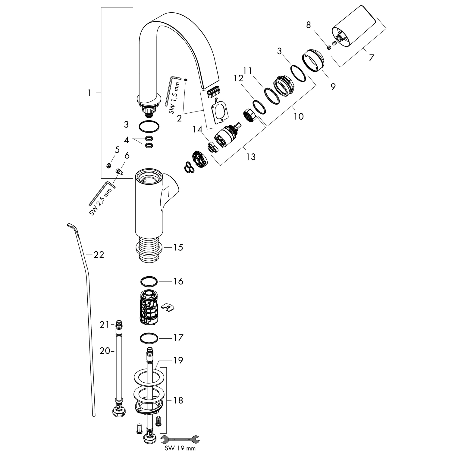 Hansgrohe Waschtischmischer 210 Vivenis Schwenkausl.u.Zugst.-Ablaufg.mattweiss