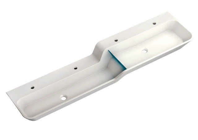 HEWI Waschtisch 1800mm, oberes Becken re 4HL, alpinweiß, Stauscheibe blau