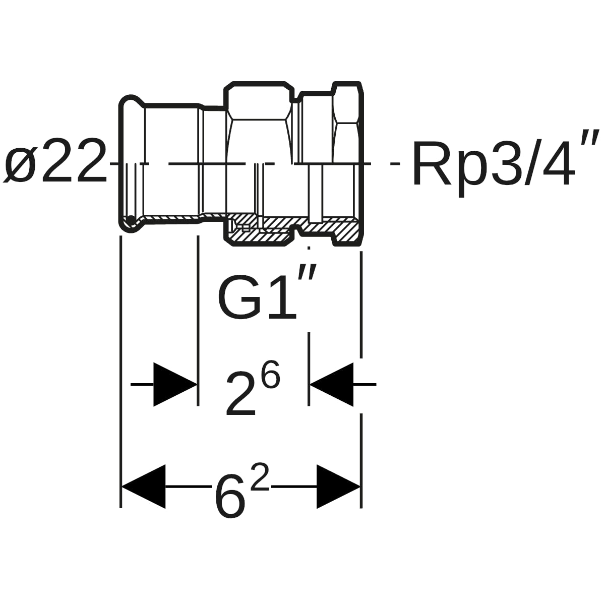 Geberit Mapress Kupfer Übergangsverschraubung mit IG Rg d22-Rp3/4