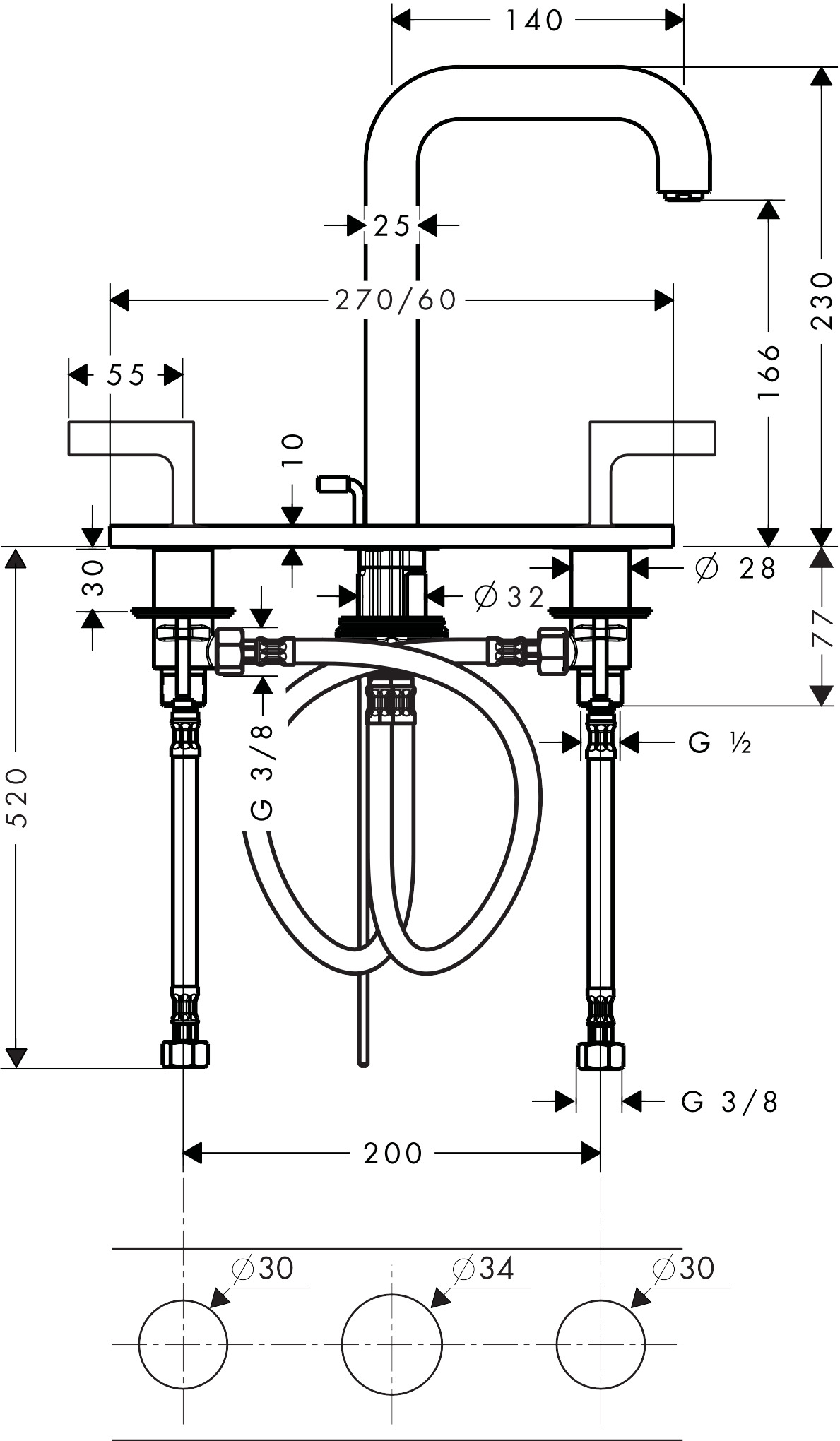 Hansgrohe 3-Loch Waschtischarmatur Axor Citterio BBC m.Platte u.Hebelgriffen
