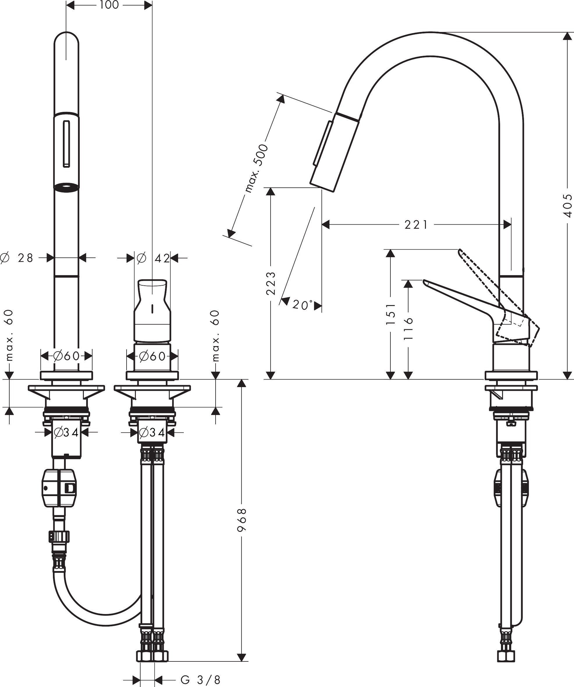 Hansgrohe 2-Loch Spültischmischer Axor Citterio M BGO mit Ausziehbrause