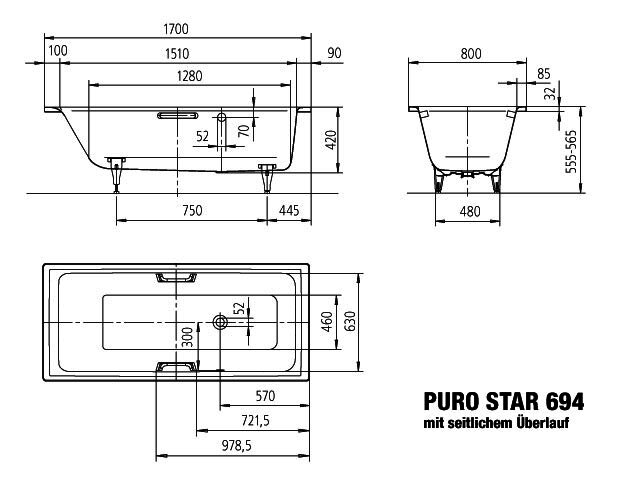 KA BW PURO STAR MIT SEITLICHEM ÜBERLAUF Mod.694,1700x800mm,alpinweiß