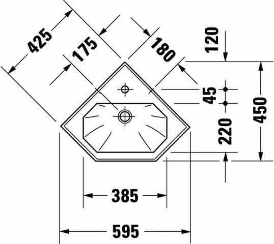 DU Eck-Handwaschbecken 1930 595 mm mit ÜL, mit HLB, 1 HL, weiß