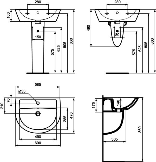 IS Waschtisch Eurovit, 1 Hl., m.Ül., 600x470x160mm, Weiß