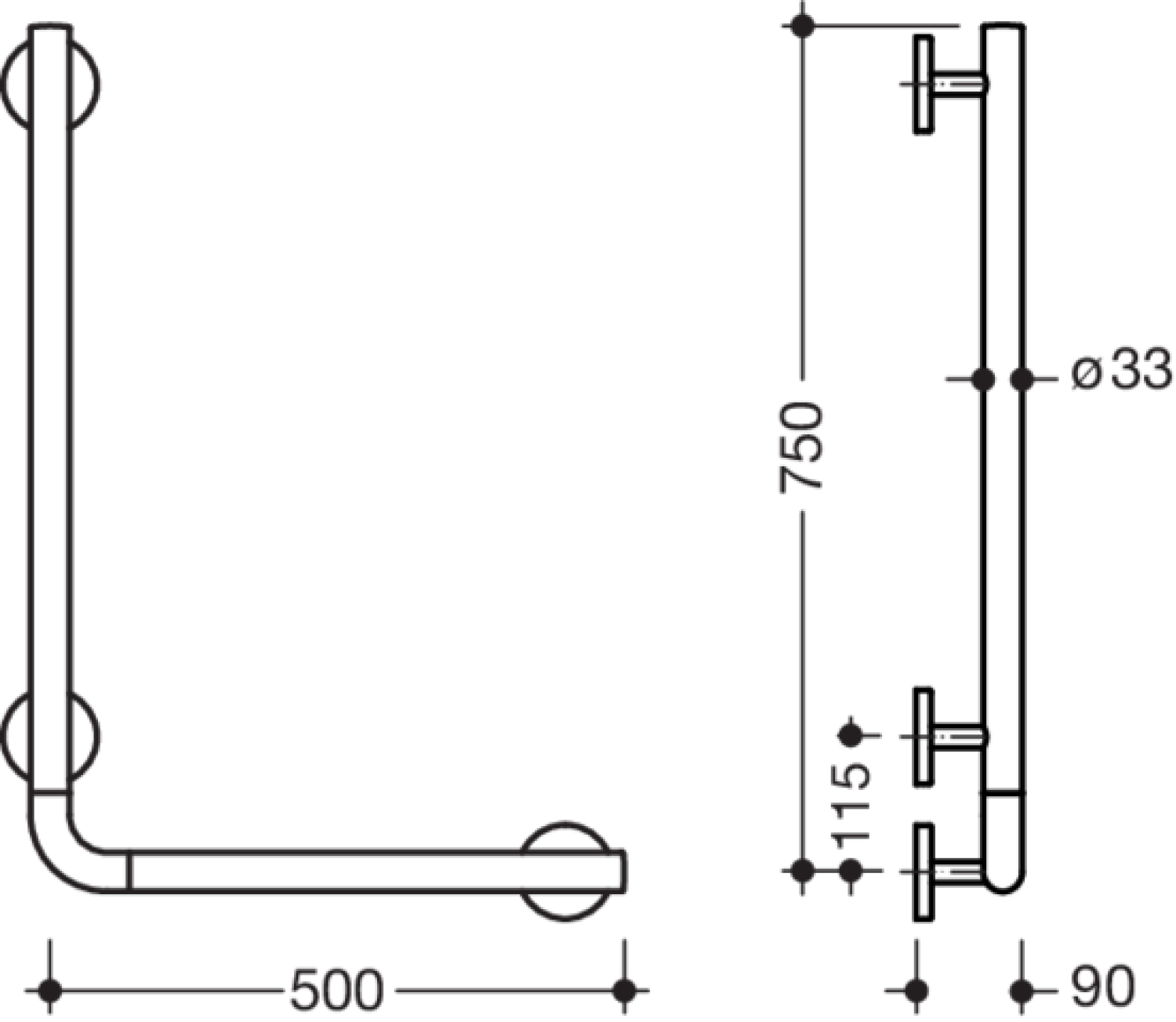 HEWI Winkelgriff, AM:750mm, W:500mm, unifarben signalweiß