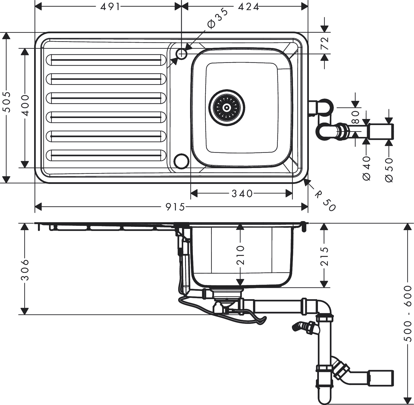 Hansgrohe Einbauspüle 340 mit Abtropffläche  S4113-F340