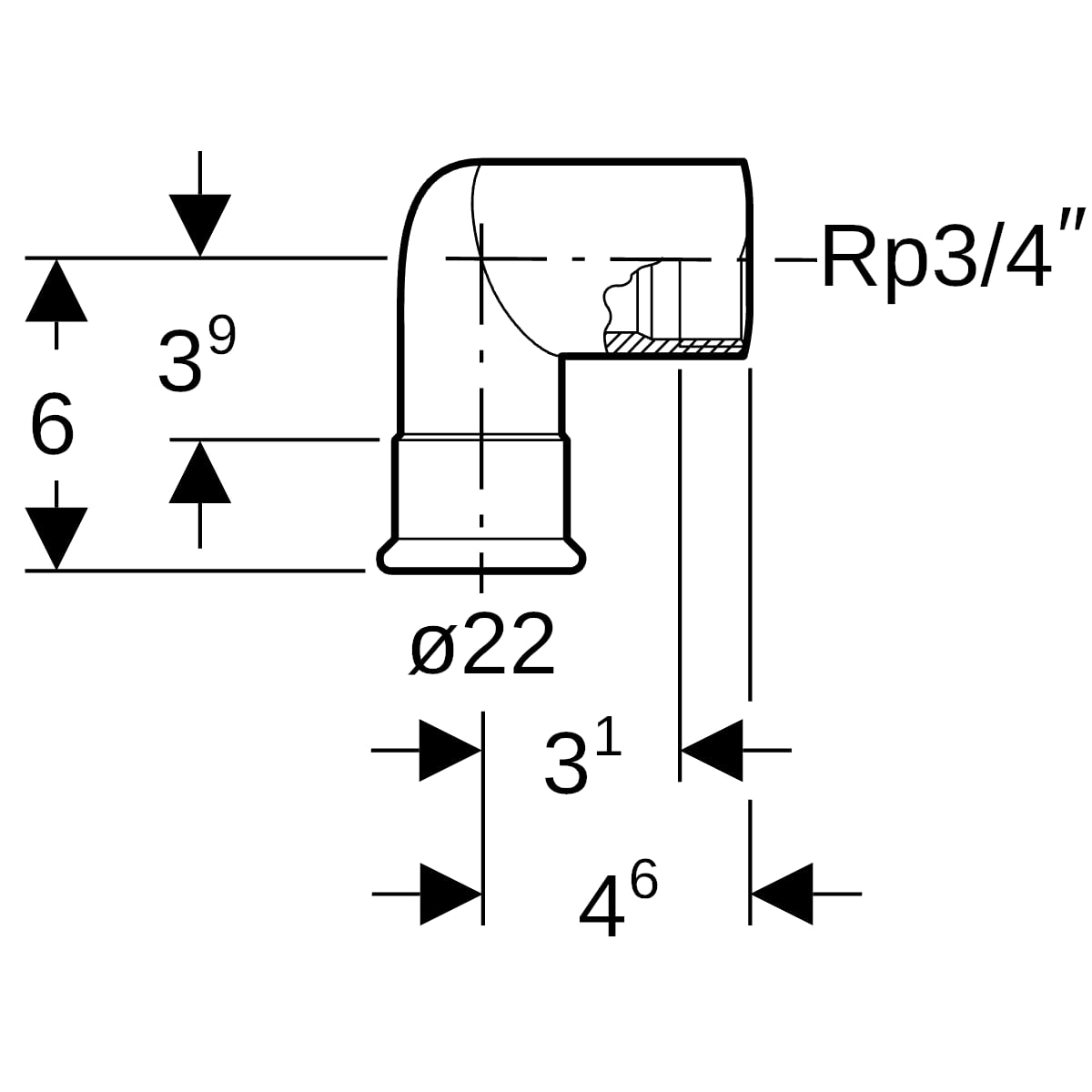 Geberit Mapress Edelstahl Übergangswinkel 90Gr mit IG (LABS-frei) d22-Rp3/4