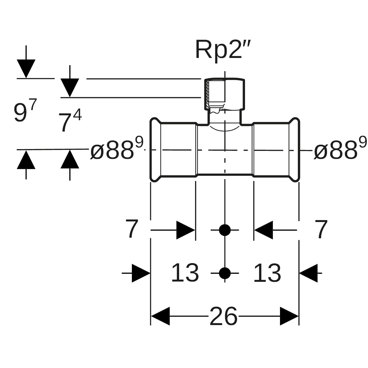 Geberit Mapress Edelstahl T-Stück mit IG d88,9-Rp2-88,9