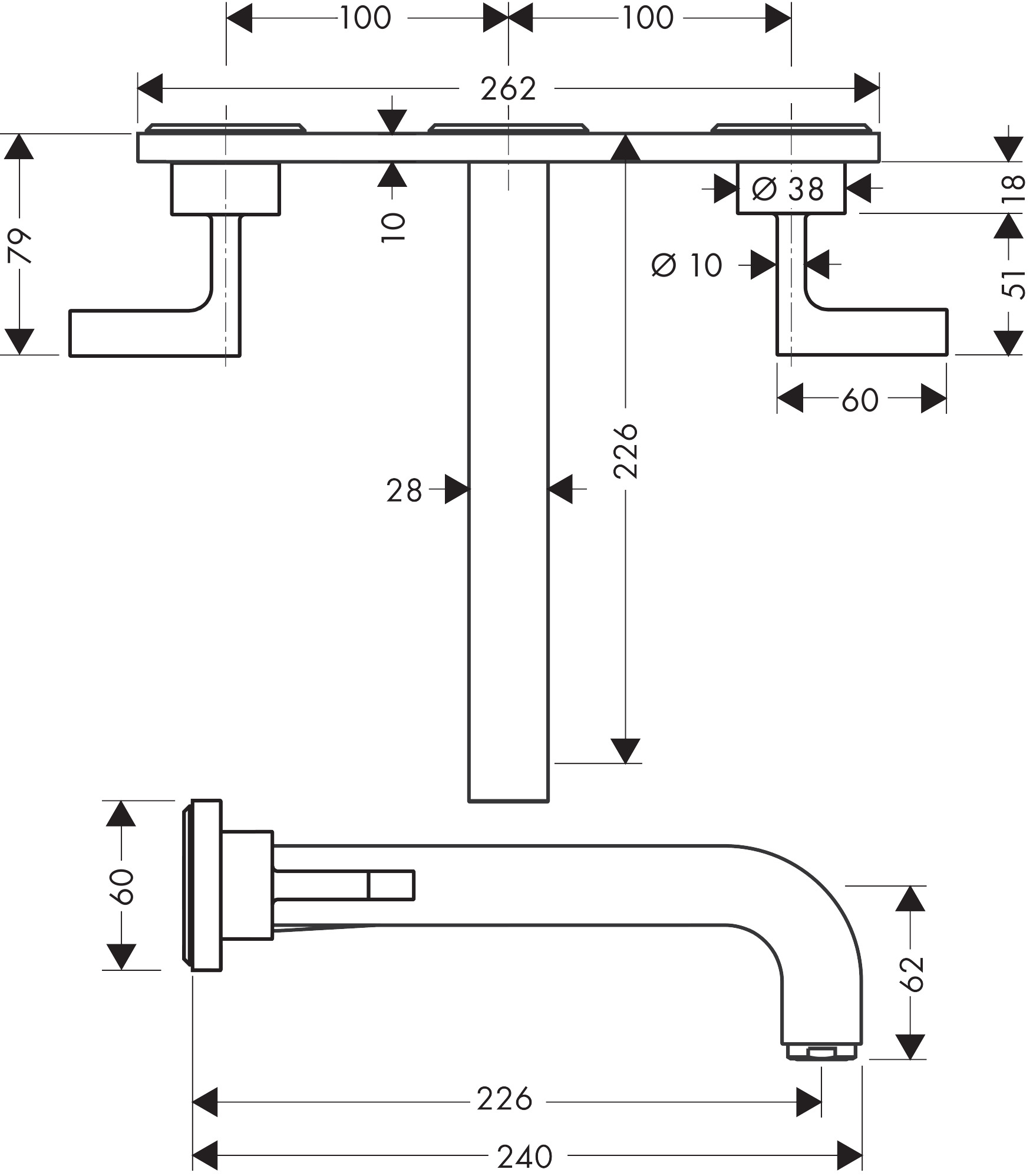 Hansgrohe 3-Loch Waschtischarm.Axor Citterio Wand F-Set lang chrom m.Platte u.Hebelgr