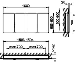 KEUCO Royal Modular 2.0 SPS, bel. 80041, Einb,4Steckd,sb-elox,1600x700x160mm