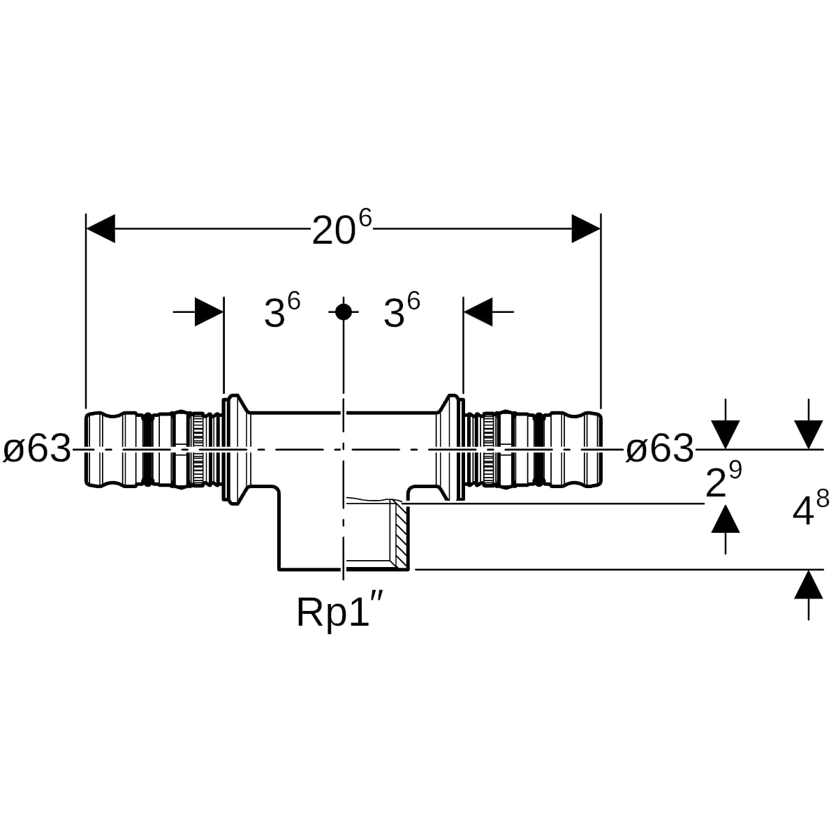 Geberit Mepla T-Stück mit IG Rg d63-Rp1-63