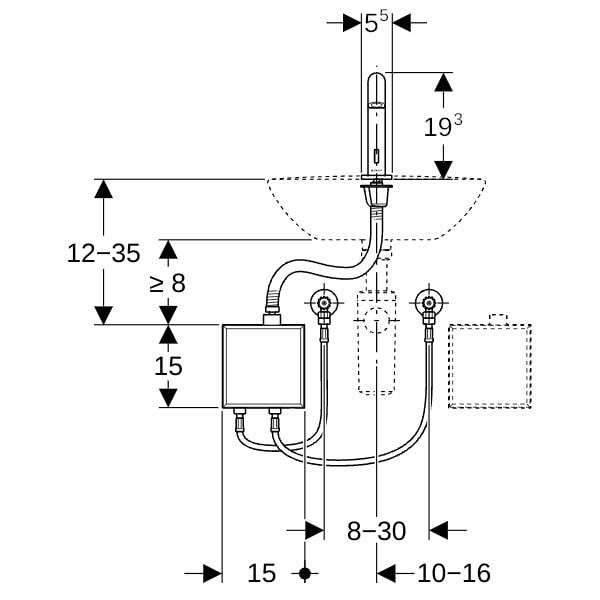 Geberit Piave WT-Arm., Standmontage, Netz mit AP-Funkt.Box, m.Misch., edst.gebü.