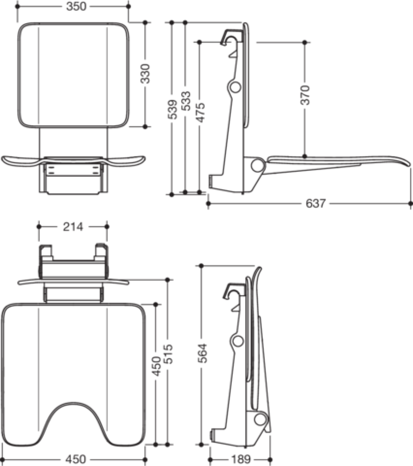 HEWI Einhängesitz mit Schamausschnitt, B:450, H:533, T:637 weiß tiefmatt