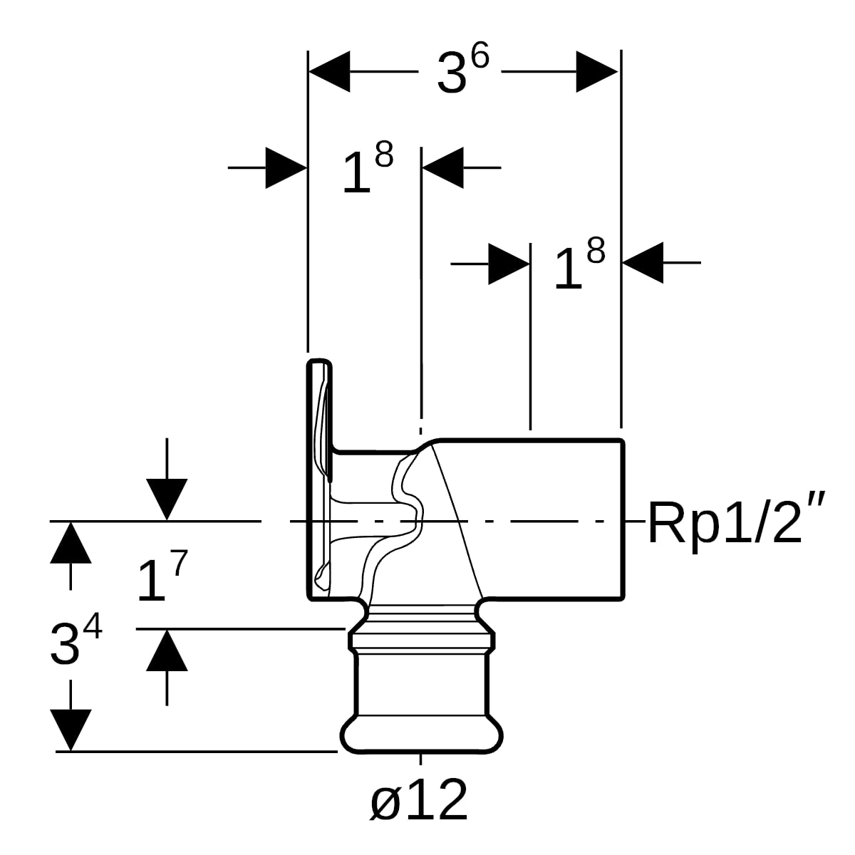 Geberit Mapress Kupfer Anschlusswinkel 90Gr Rg d12-Rp1/2 L:3,6cm
