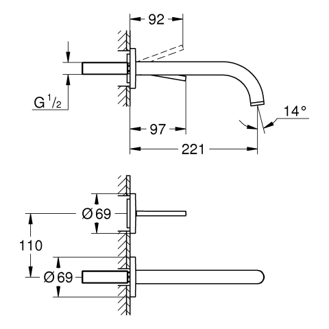 GROHE 2-L-WT-Wandbatterie Atrio 29406 FMS Ausladung 221mm warm sunset geb.