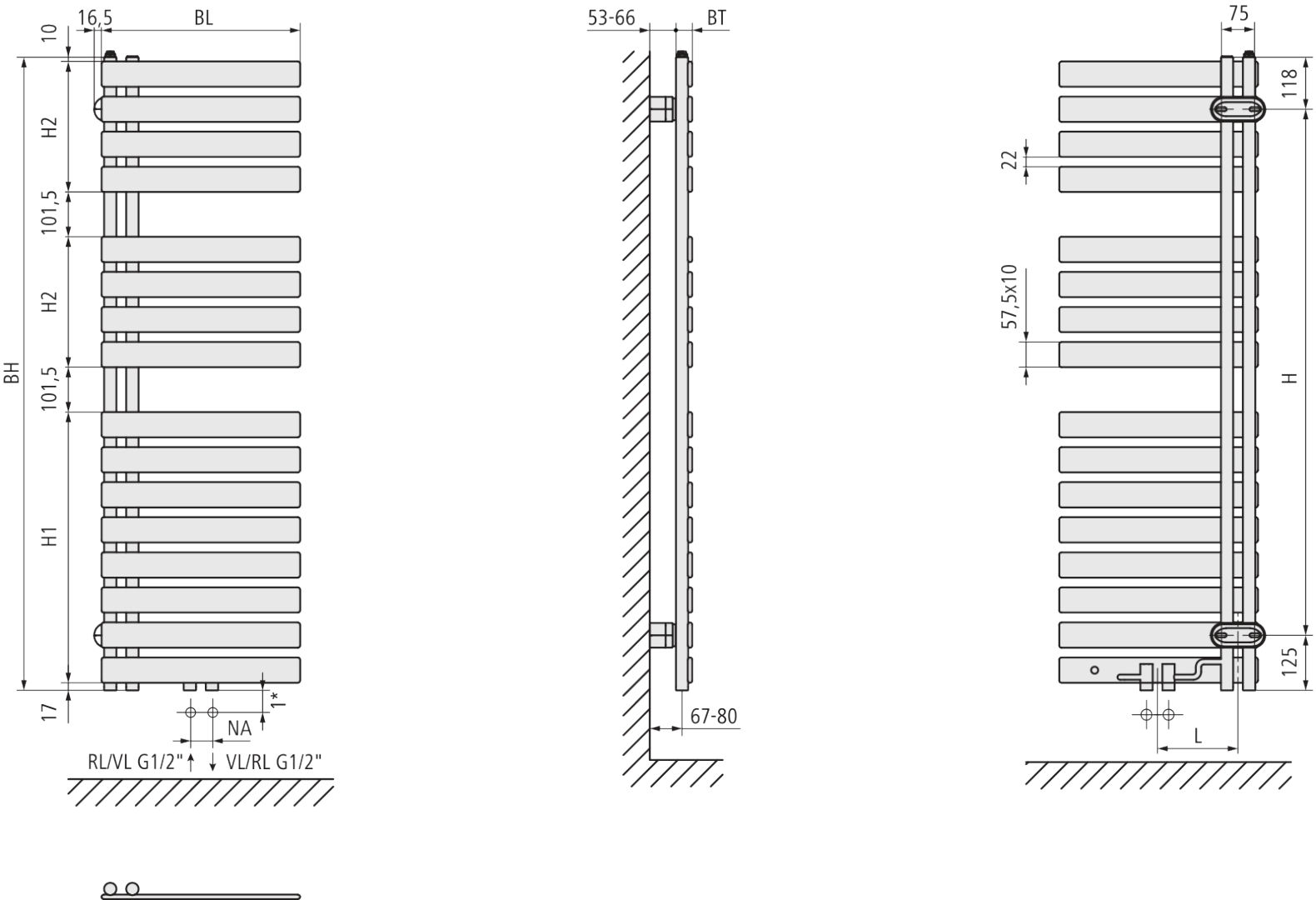 Kermi Credo Half flat, 1800x450x37 mm QN=687 W,RAL9016,rechts,Mittenanschluss