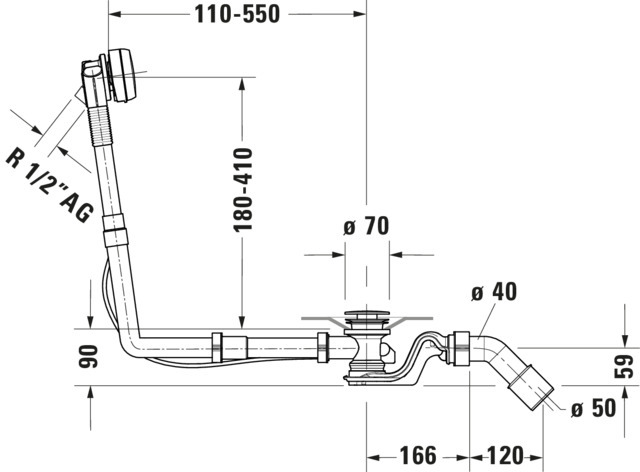 DU Ab- und Überlaufgarnitur Quadroval Drehgriff,m.Wanneneinl.,BZL700mm,chrom