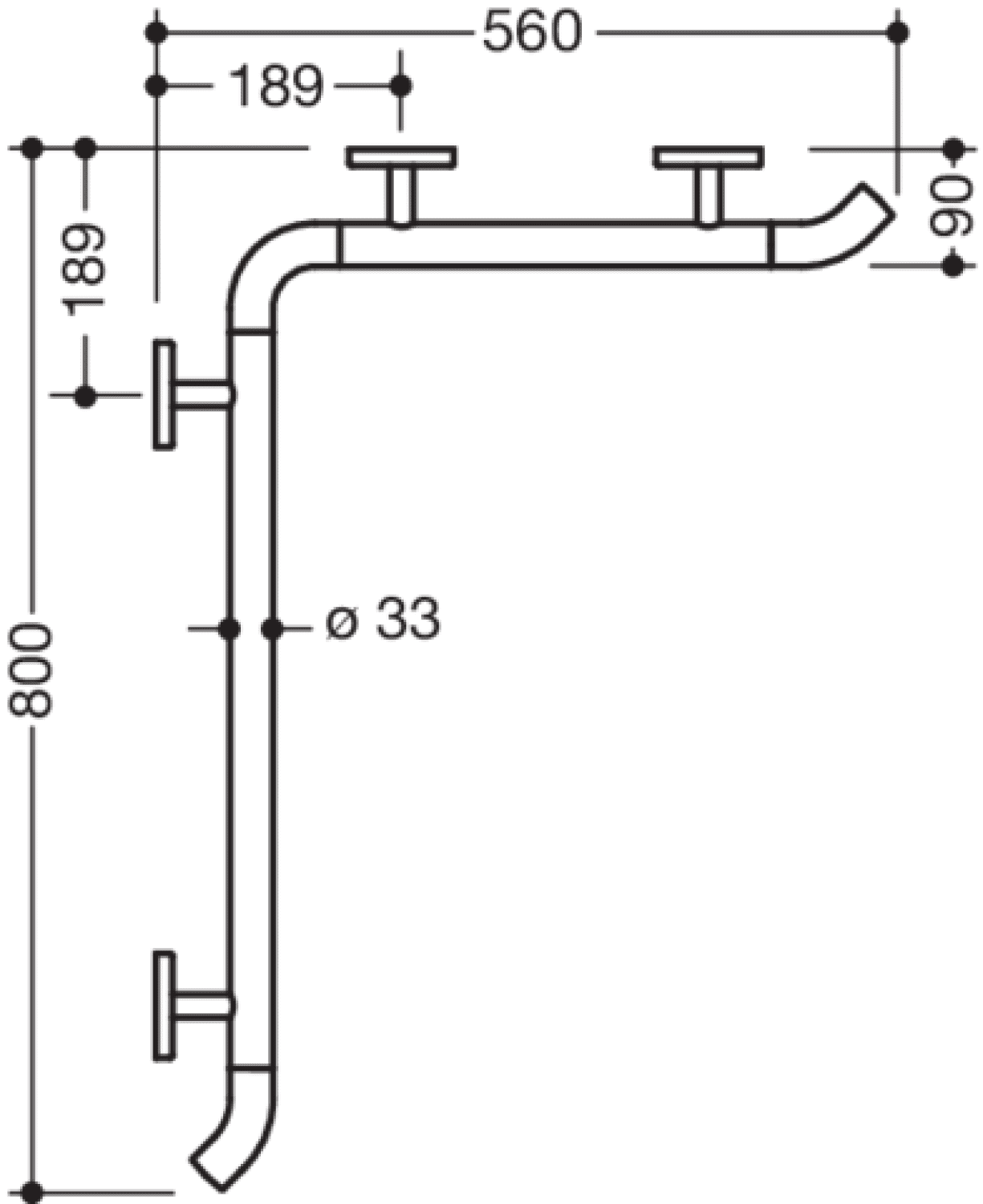 HEWI Dusch-Wannenhdl.,W1:800mm,W2:560mm, d:33mm, Kst., chromoptisch beschichtet