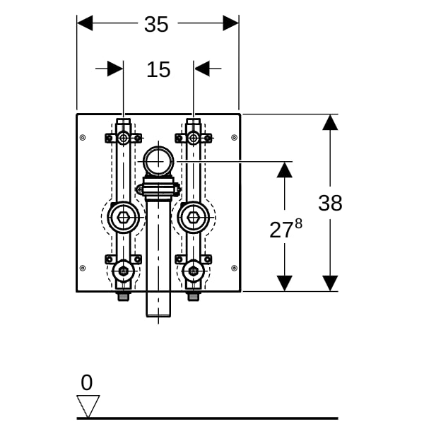 Geberit AP Armaturenblock m. 2 WZ-Strecken 2 UP-Absperrventile u. Anschl. T-Stück