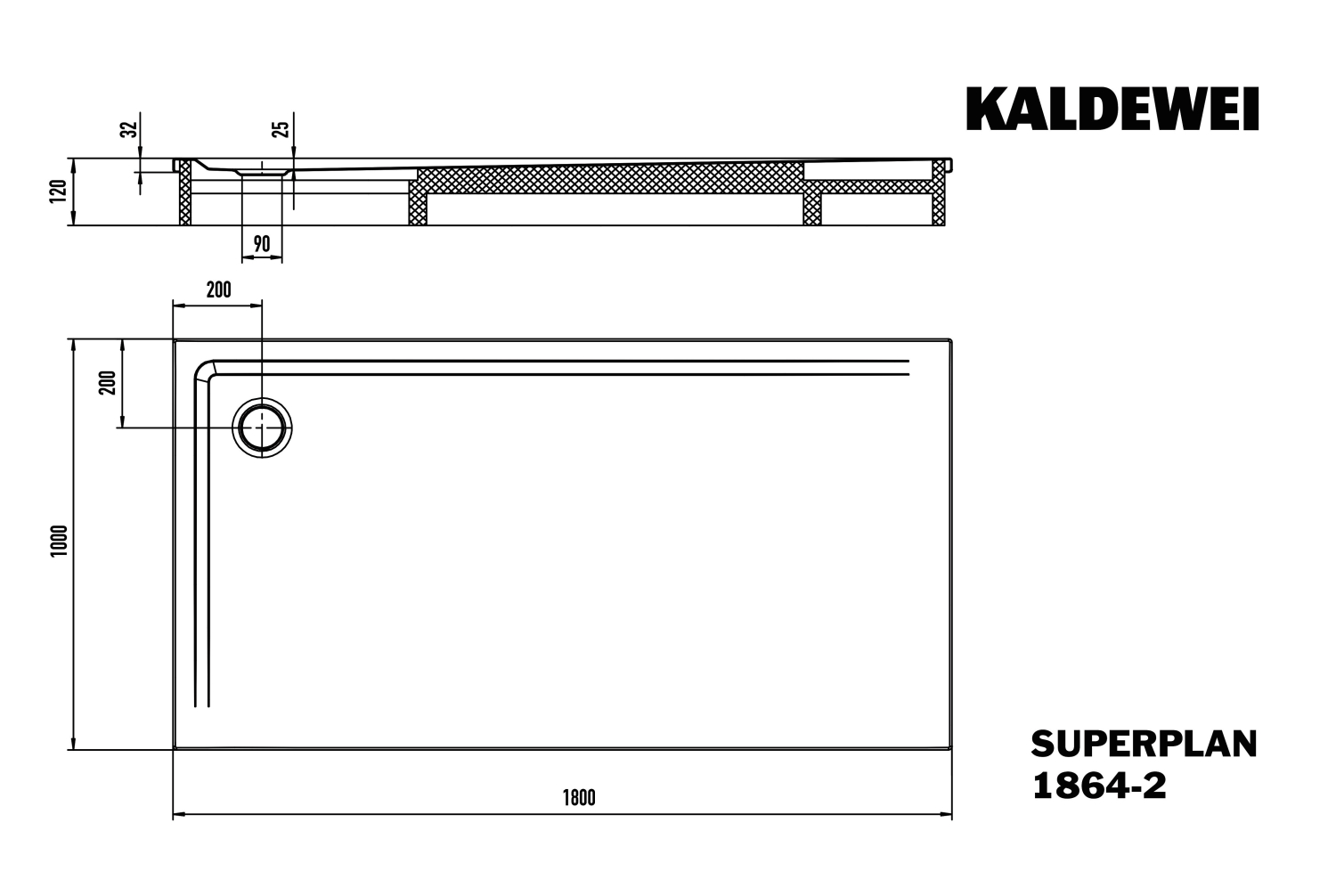 KA DW SUPERPLAN mit Wannenträger Mod. 1864-2,1000x1800mm,alpinweiß matt,m. WT