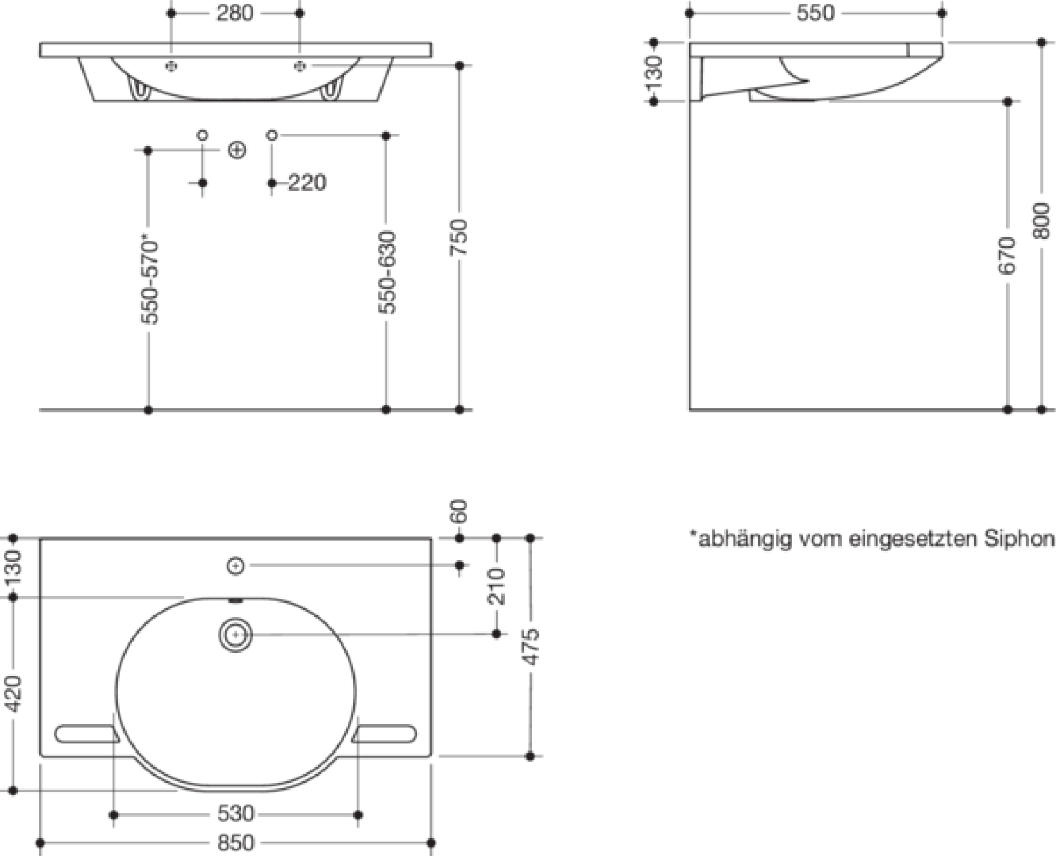 HEWI Waschtisch, B:850mm, T:550mm alpinweiß, mit Überlauf, 1 HL