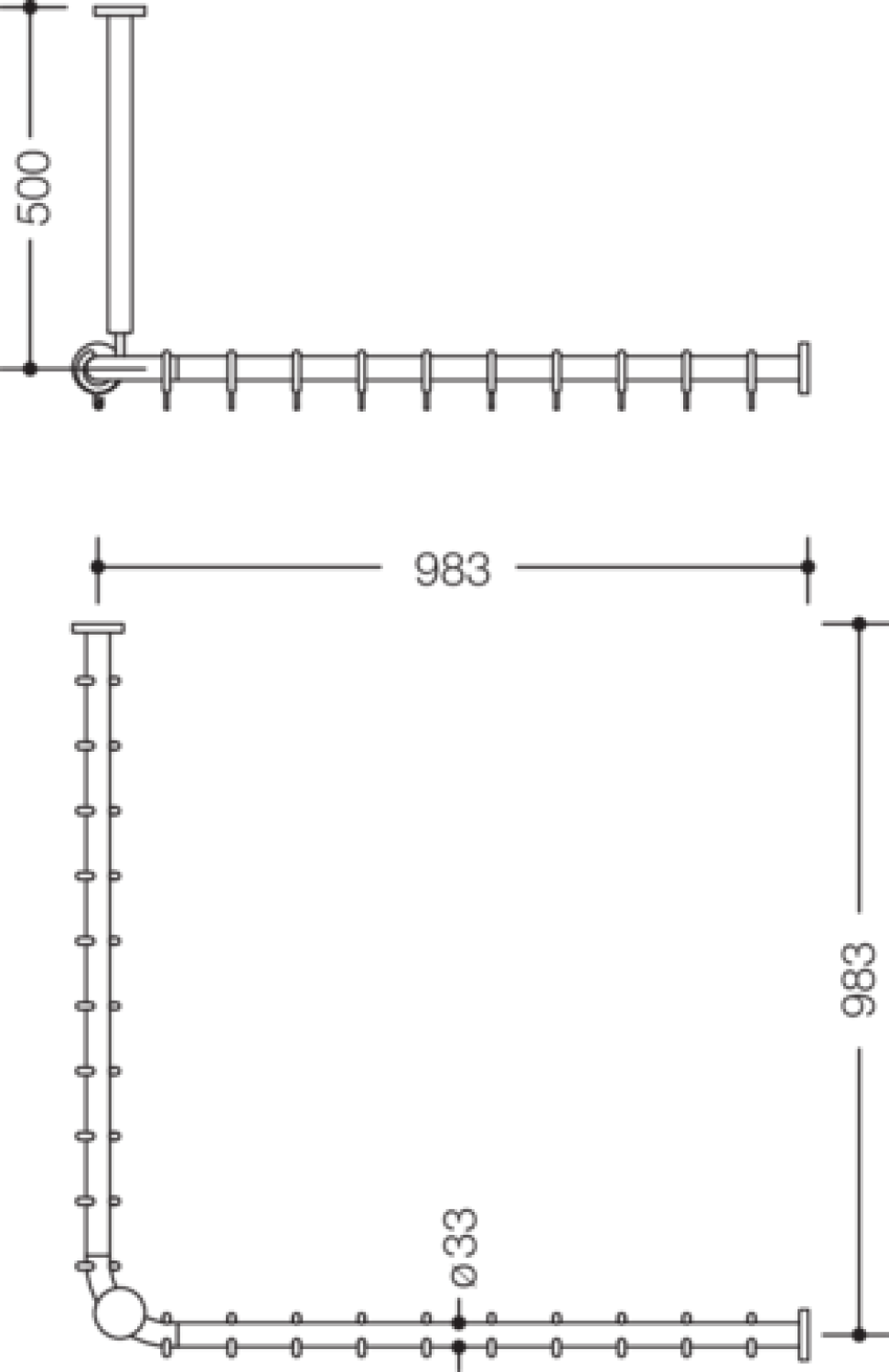 HEWI VH-Stange Ser 801,A1/2:983,kürzb., 20 Ringe, Deckenabh. A:500 reinweiß