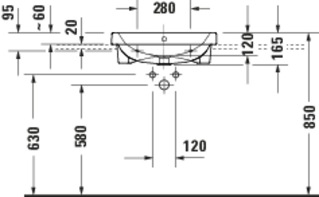 DU D-Code 2.0 Halbeinbauwaschtisch 550mm 1 Hahnloch, mit Überauf