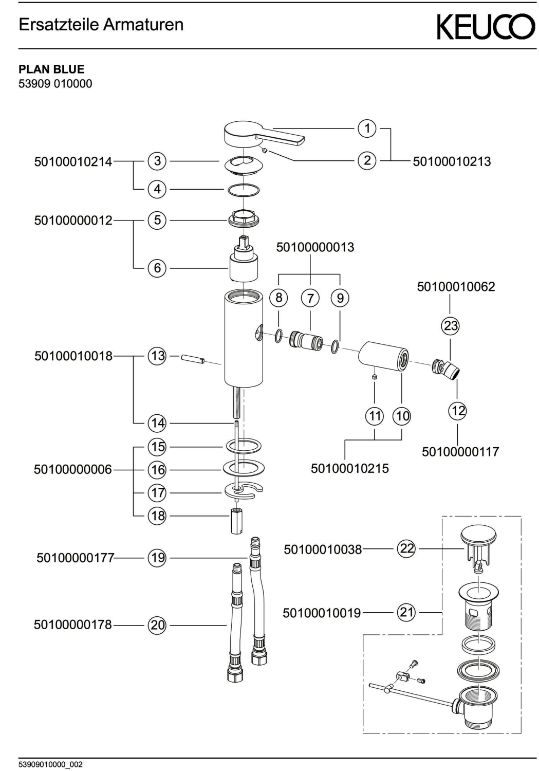 KEUCO EHM-Bidetmischer Plan blue 53909, mit Ablaufgarnitur, verchromt