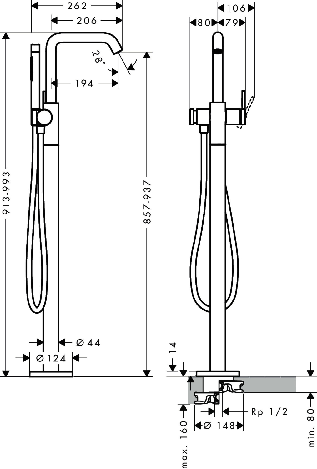 Hansgrohe Wannenmischer Tecturis S bodenstehend MW