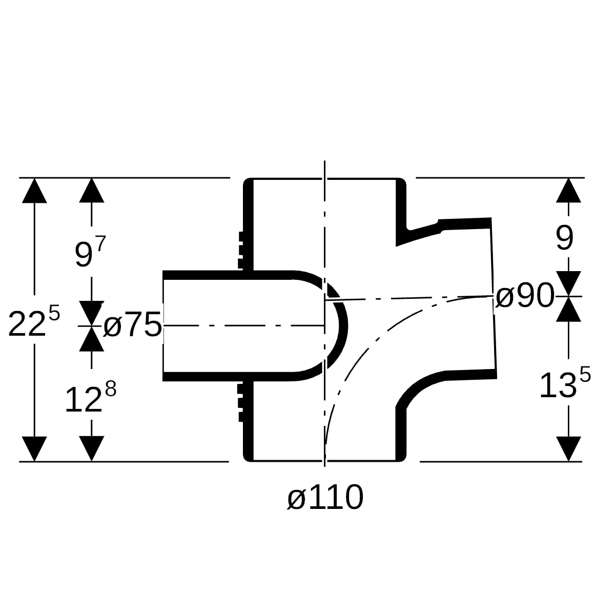 Geberit Silent-db20 Schachtbogenabzweig 88,5Gr rechts d110/90/75