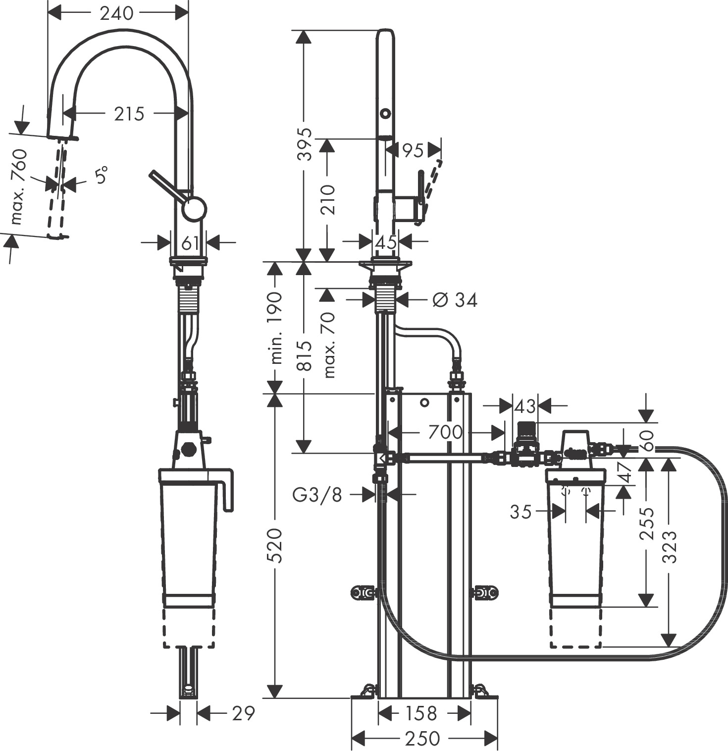 Hansgrohe FilterSystem 210 Aqittura M91  Ausziehausl.1jet sBox Starter Set steel
