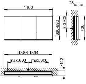 KEUCO Royal Modular 2.0 SPS, bel. 80031, Einb,2Steckd,sb-elox,1400x700x160mm