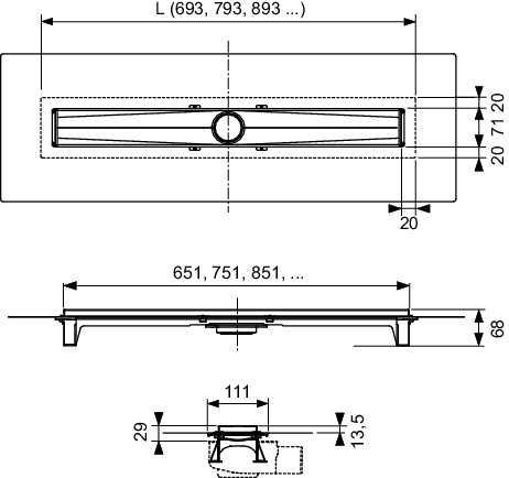 TECEdrainline-Evo Duschrinne, farbig beschichtet, schwarz matt, 700 mm