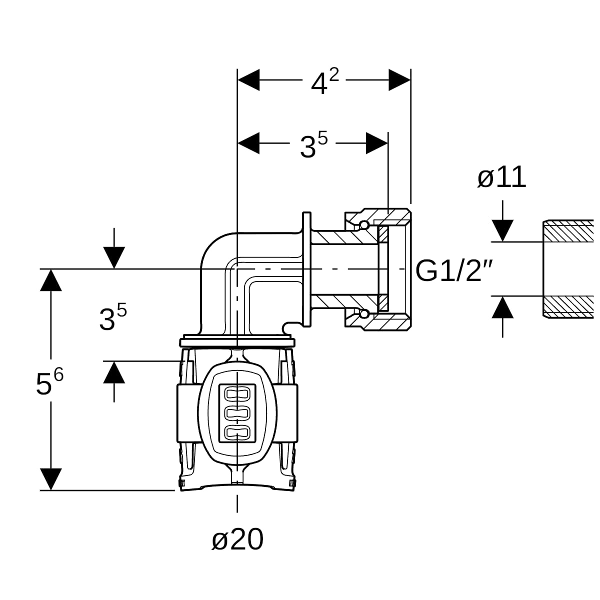 Geberit FlowFit Übergangsbogen 90Gr mit Überwurfmutter, SiBr d20-G1/2
