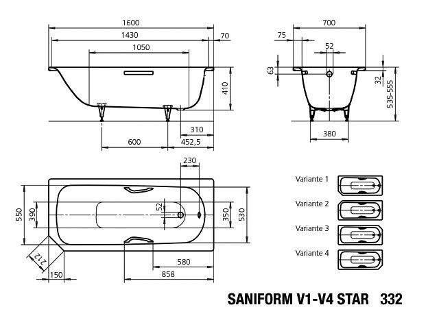 KA BW SANIFORM PLUS STAR Mod.332,1600x 700mm,alpinweiß,mit Vollantislip