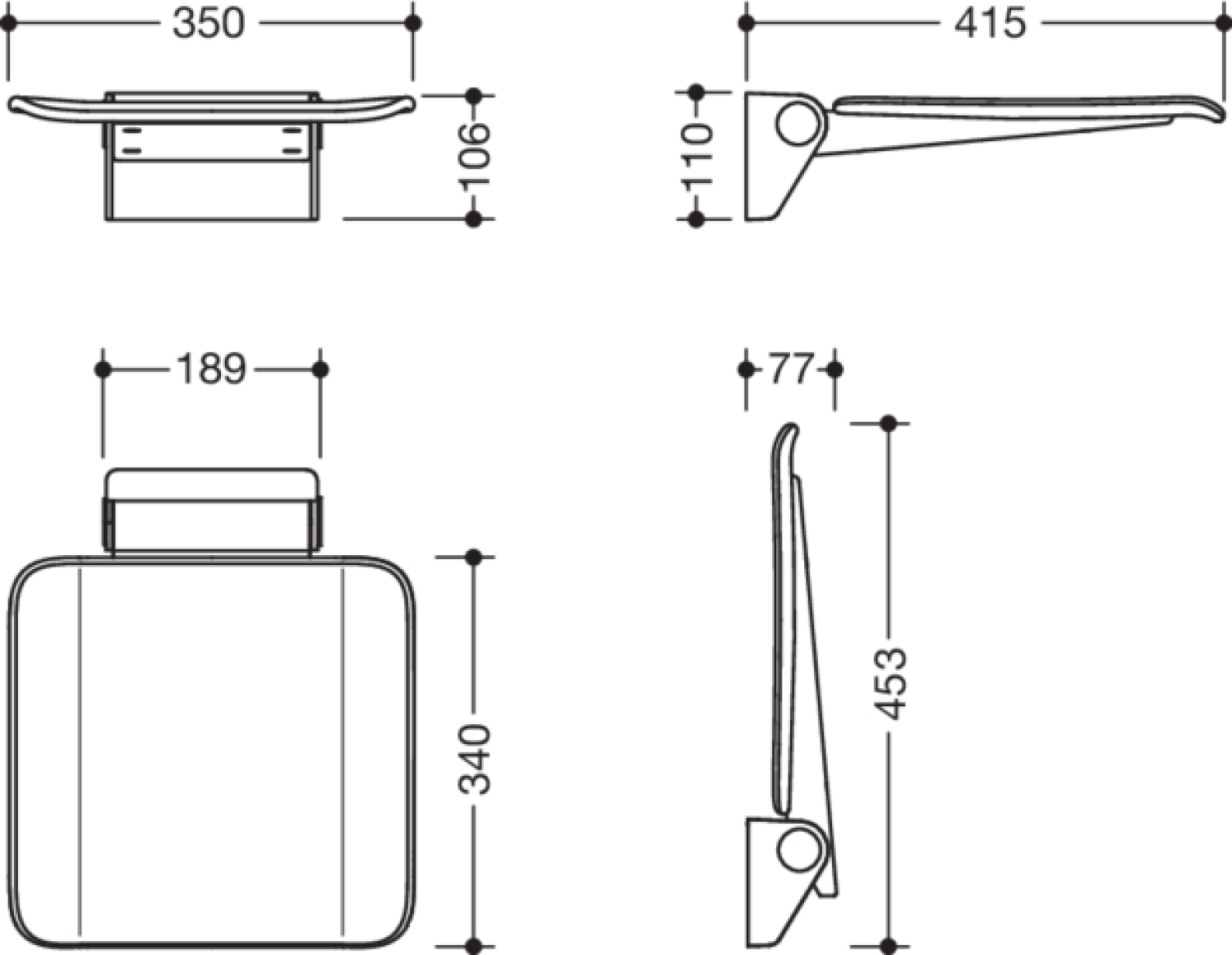 HEWI Klappsitz, 350x415mm, plvb, Sitzf. Kst. weiß tiefmatt