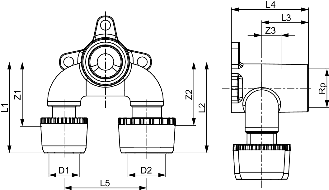 TECElogo-Ax U-Doppelwandscheibe reduz. Dim. 16 x Rp 1/2" x 20, Siliziumbronze