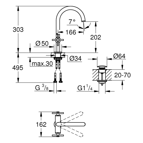 GROHE WT-Einlochbatterie Atrio 21144 DN15 L-Size Kreuz-Griff supersteel