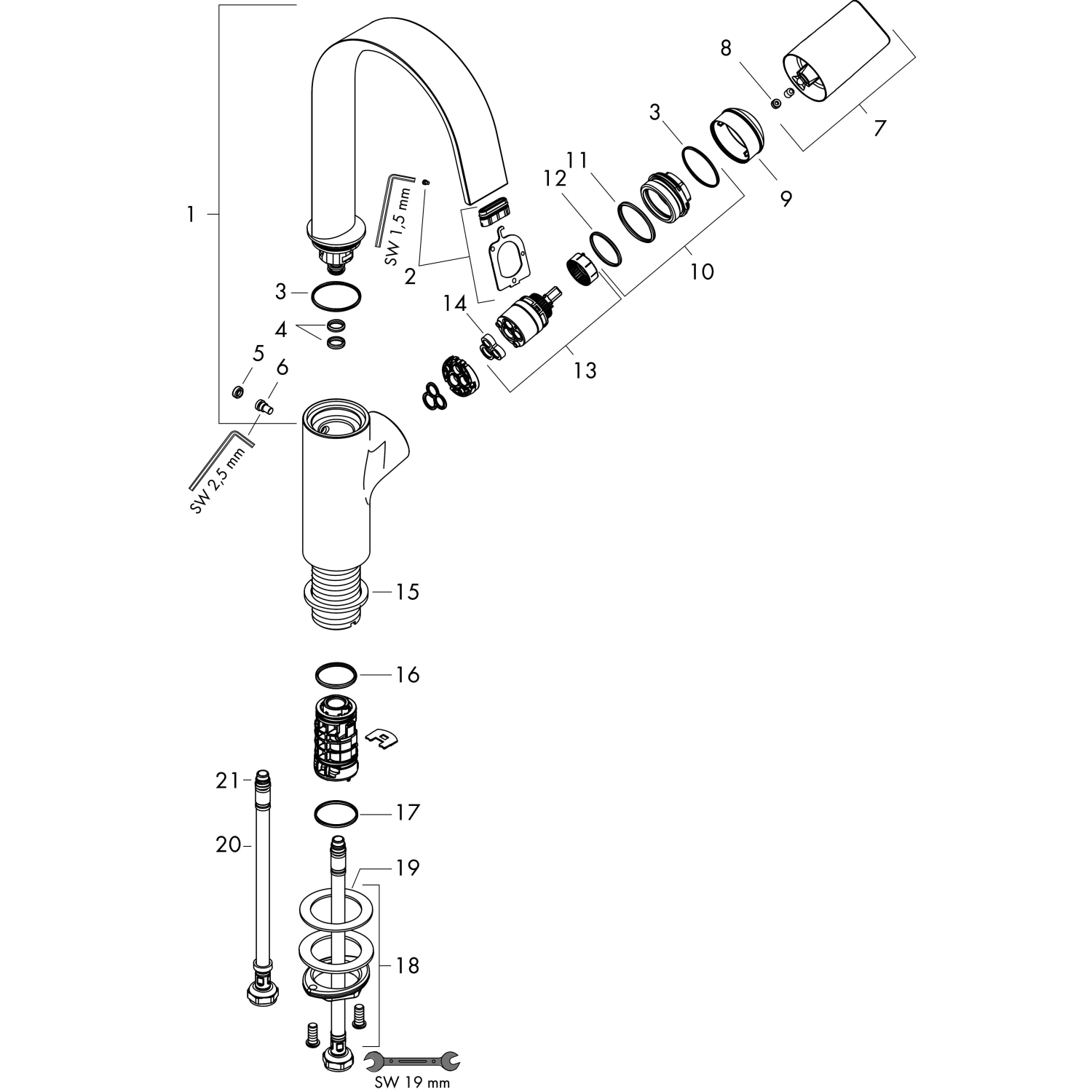 Hansgrohe Waschtischmischer 210 Vivenis mit Schwenkauslauf ohne Ablaufgarn.MW