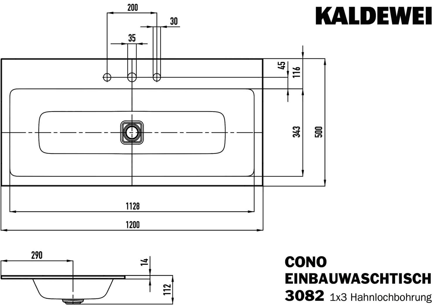KA WB CONO EINBAUWASCHTISCH Mod.3082, 1200x500mm,alpinweiß,PEFF,AD,m. 3HL,oÜL