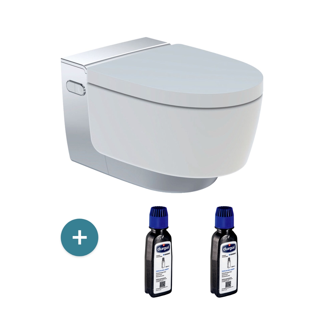 Geberit AquaClean Mera Comfort WC-Komplettanlage Wand-WC hochglanz-verchromt + Geberit Entkalkungsmittel für AquaClean 125ml