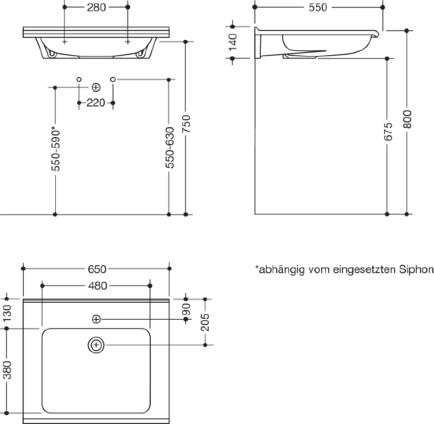 HEWI Waschtisch S-Form, modular, 650x550mm, 1.HL